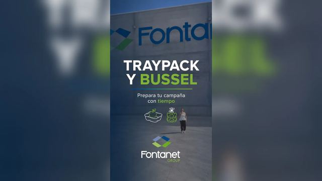 Magazzino di Fontanet Group a Fraga con la scritta Traypack e Bussel
