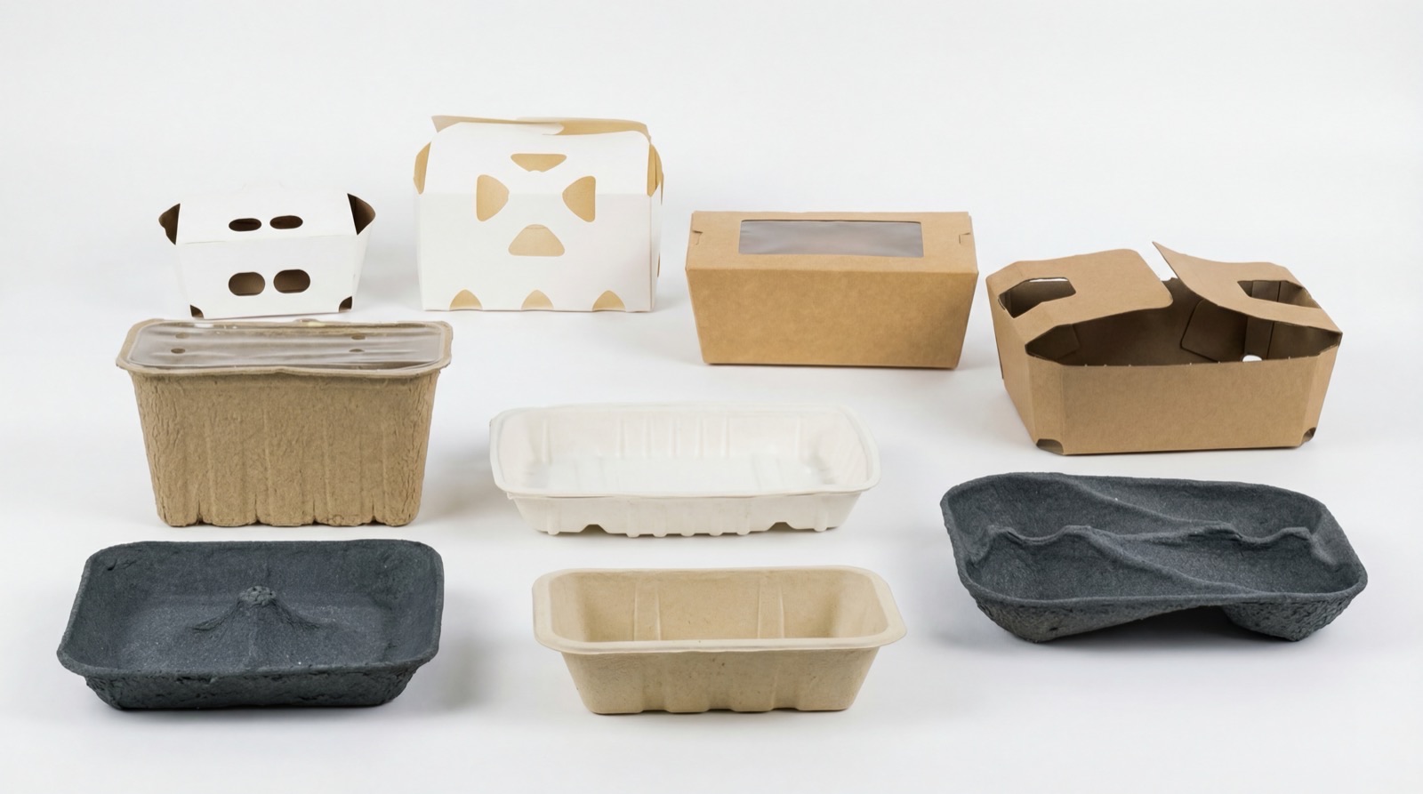 Gamme de barquettes en carton, étuis kraft à fenêtre et barquettes en cellulose moulée de plusieurs couleurs