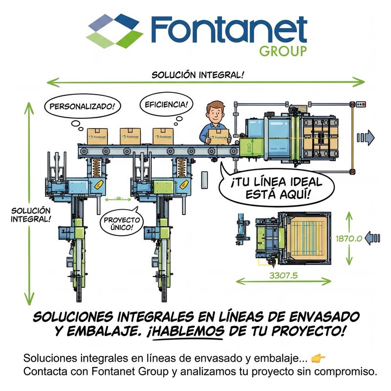 Illustration of a packing and packaging line with box conveyor, two case packing machines and final palletising, with the slogan “integrated solutions”