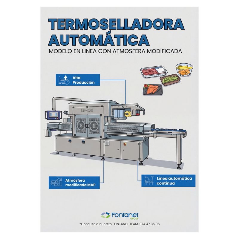 Ilustração da termosseladora automática LS-975 em linha, com painel de comando, bobina de filme e tapete de saída, junto a cuvetes de carne, salmão e azeitonas