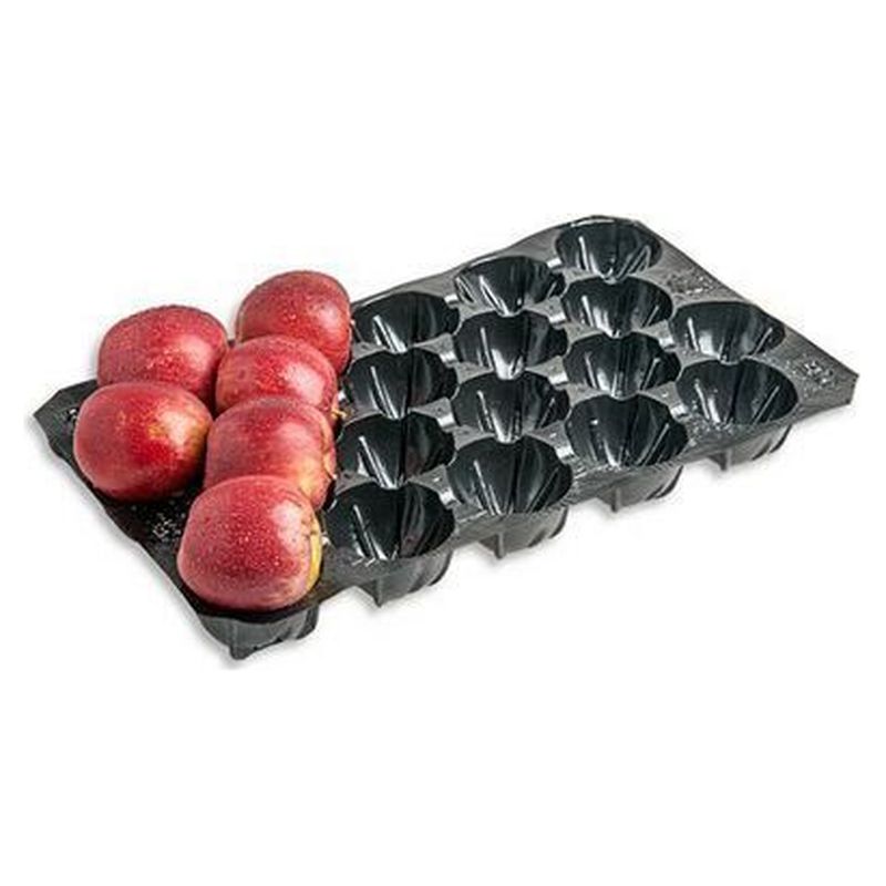 Black 30x50 fruit tray with red apples in some of the cavities