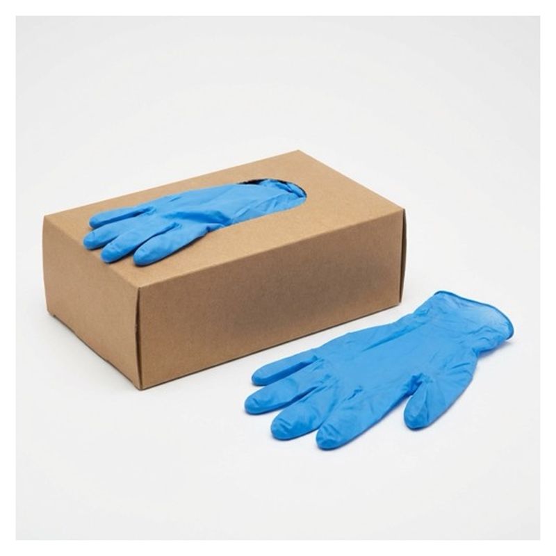 Guantes de nitrilo azules junto a su caja dispensadora de cartón