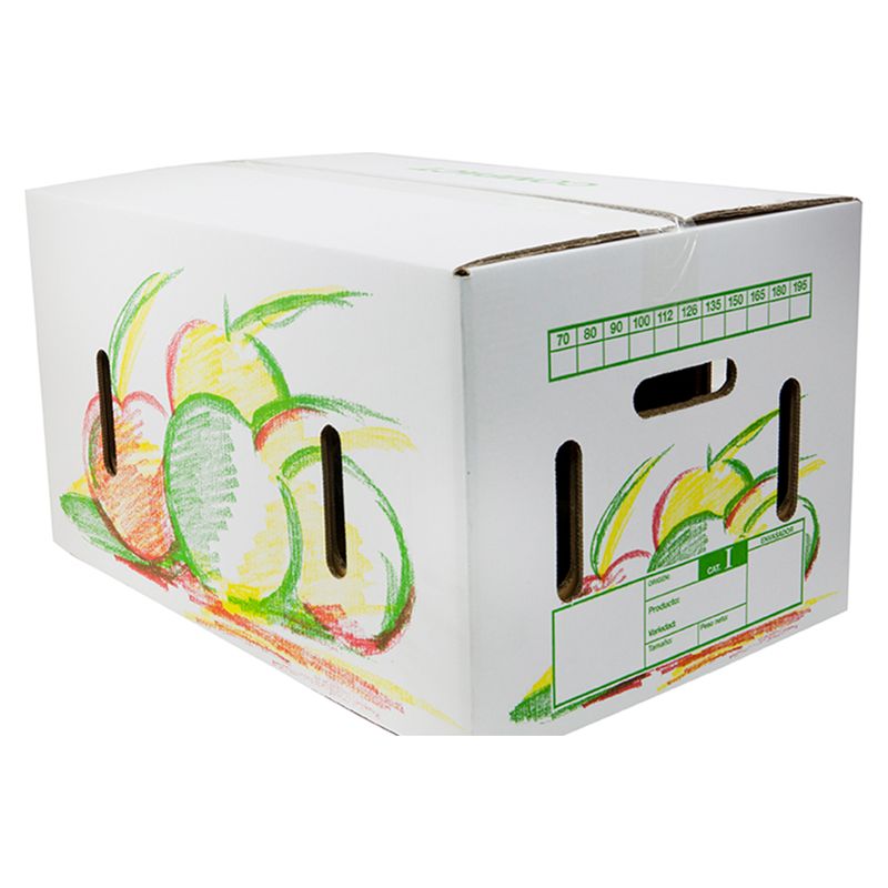 Caisse bussel en carton montée, avec le couvercle emboîté sur le fond, poignées et illustrations de fruits
