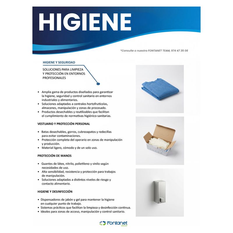 Hoja de catálogo de Higiene de Fontanet con batas, guantes y dispensador de jabón