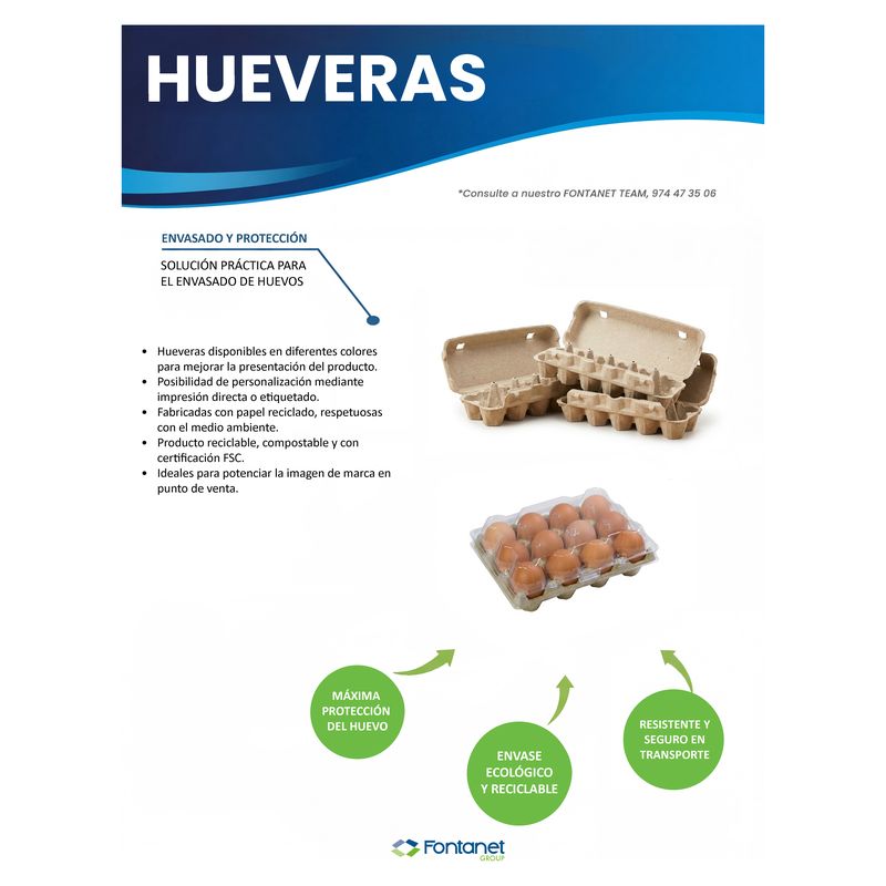 Ficha de catálogo de caixas para ovos com estojos de cartão moldado abertos e uma caixa com tampa transparente cheia de ovos