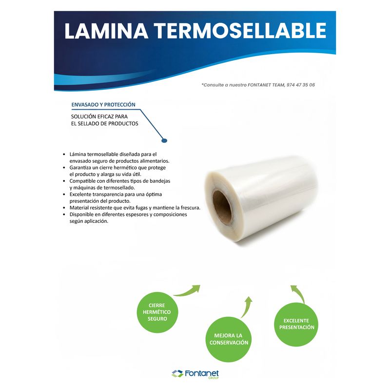 Hoja de catálogo de lámina termosellable con una bobina de film transparente sobre mandril de cartón