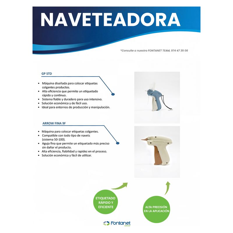 Ficha de catálogo da pistola de navetes com os modelos GP STD e Arrow Fina 9F