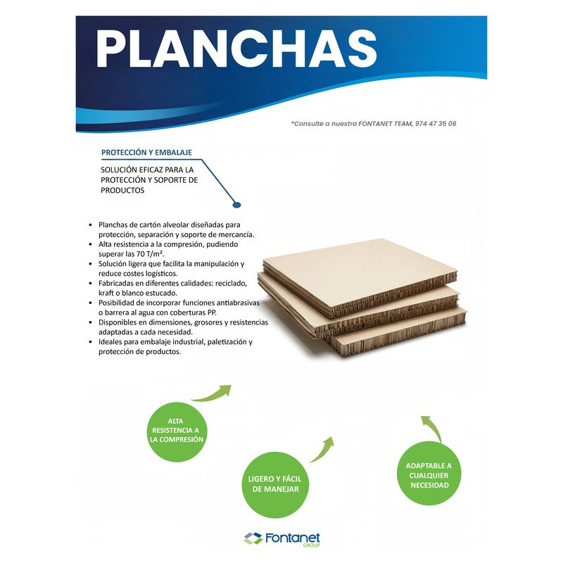 Catalogue sheet of boards: three stacked honeycomb cardboard boards with the honeycomb visible on the edge