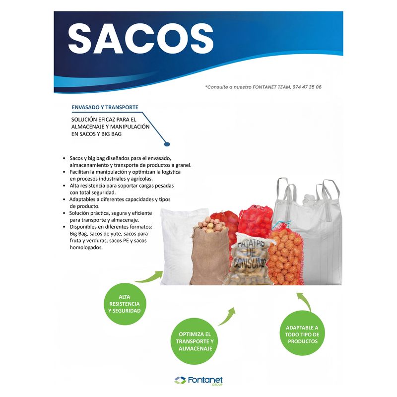 Scheda di catalogo dei sacchi con sacco bianco tessuto, sacco di juta con patate, sacchi a rete, sacco di patate da consumo e big bag