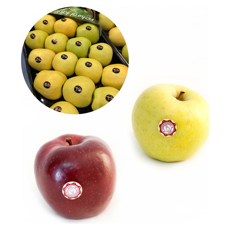 Manzanas roja y amarilla con sticker redondo y bandeja de manzanas etiquetadas pieza a pieza