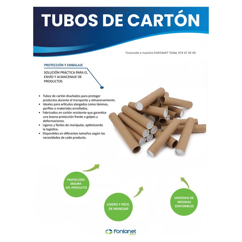 Ficha de catálogo de tubos de cartão: tubos kraft de vários comprimentos com tampas brancas nas extremidades