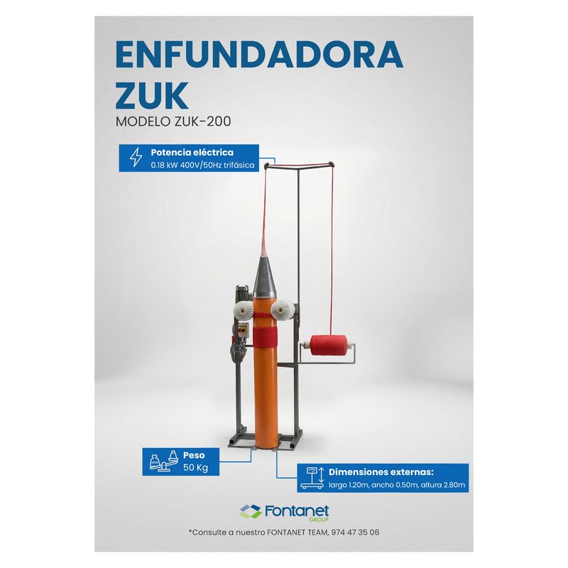 Fiche catalogue de la housseuse ZUK-200, colonne verticale orange avec cône d'entrée et bobine latérale