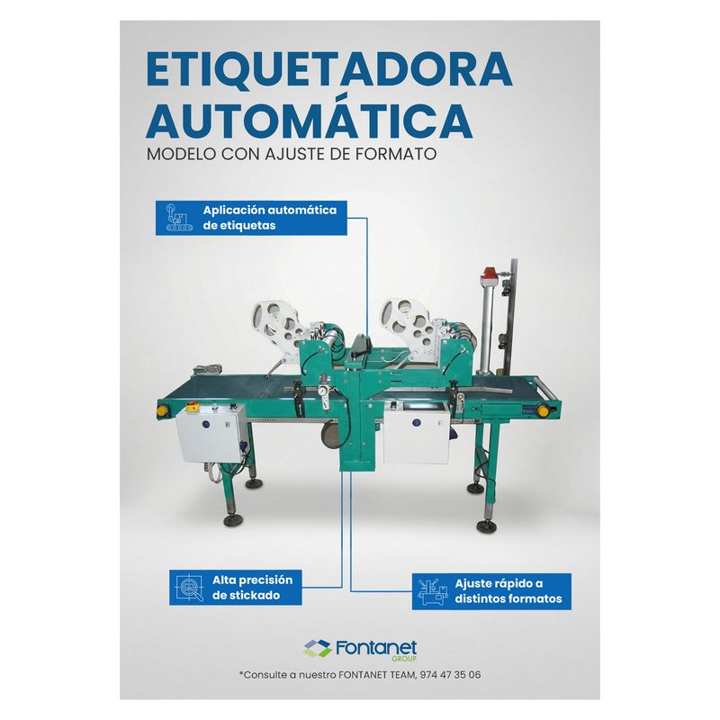 Hoja de catálogo de la etiquetadora automática con ajuste de formato, bastidor verde y dos cabezales