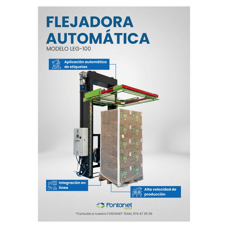 Flejadora automática LEG-100 con columna negra, marco de guiado verde y rojo y palet de cajas de cartón debajo