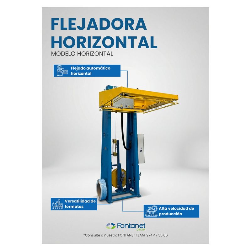 Hoja de catálogo de la flejadora horizontal de columnas azules con marco de guiado amarillo