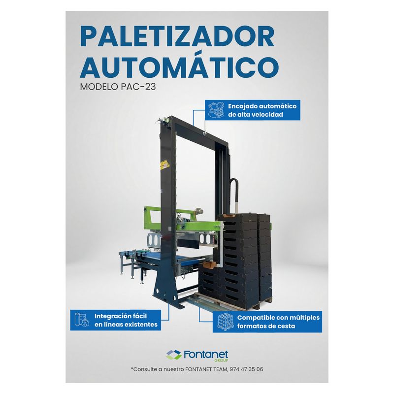 Paletizador automático PAC-23 de pórtico con pilas de cestas de cartón sobre un palet