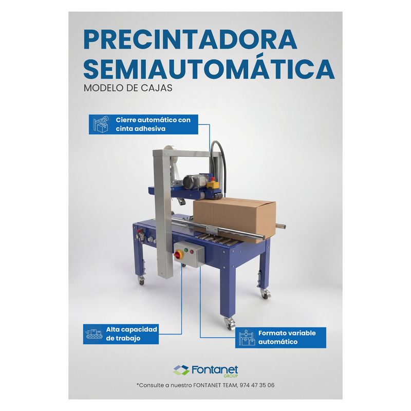 Precintadora semiautomática de cajas con cabezal de cinta adhesiva, rodillos y una caja de cartón en la entrada