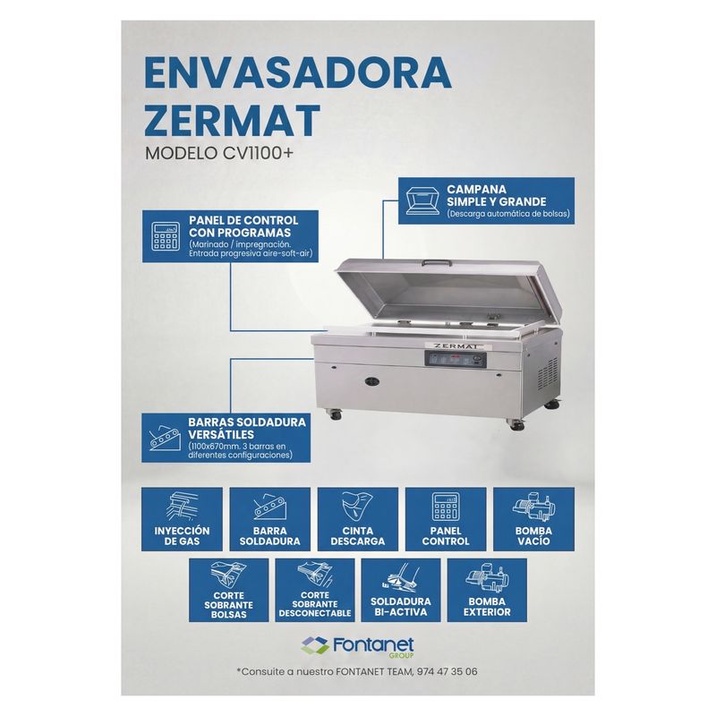 Hoja de catálogo de la envasadora al vacío Zermat CV1100+ de campana grande abierta sobre ruedas