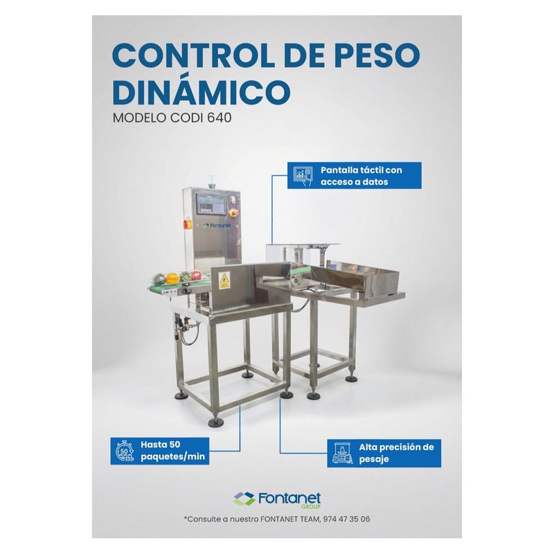 Controllo peso dinamico CODI 640 in acciaio inox con nastro, touch screen e tavolo di scarto