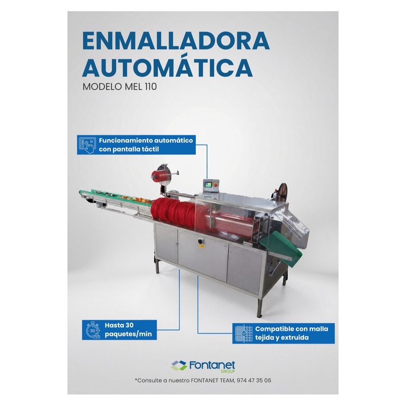 Enmalladora automática MEL110 de acero inoxidable con cinta de alimentación, bobina de malla roja y pantalla táctil