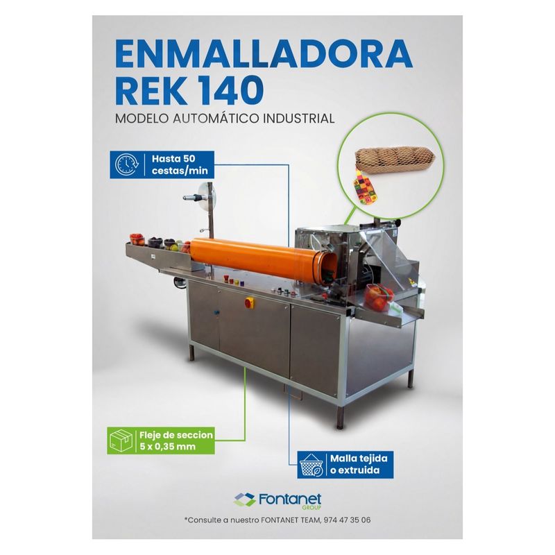 Ensacheuse filet automatique REK 140 en acier inoxydable avec tube de filet orange et paniers de fruits sur le convoyeur