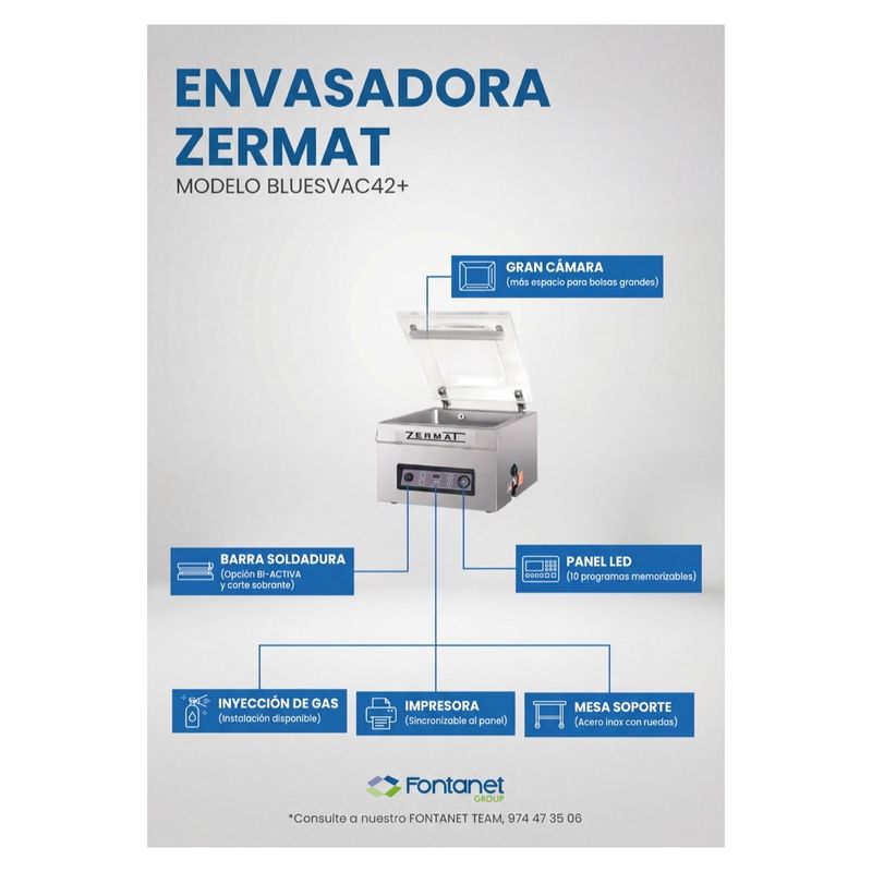 Scheda di catalogo della confezionatrice sottovuoto da banco Zermat BluesVac 42+ con il coperchio aperto