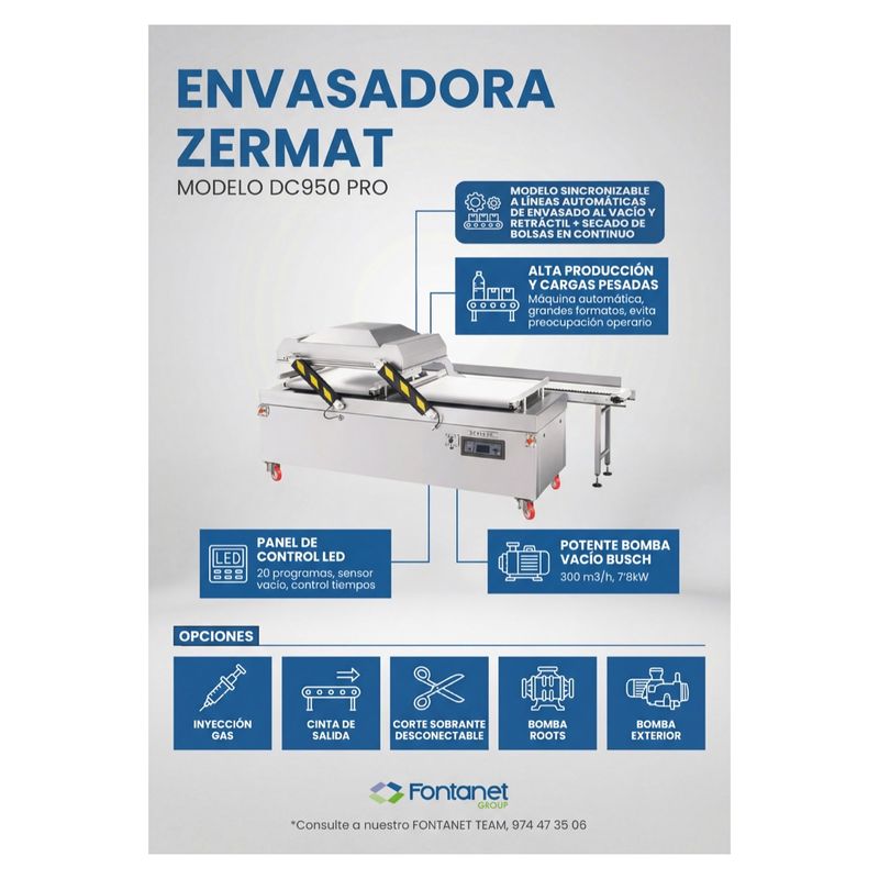 Hoja de catálogo de la envasadora al vacío Zermat DC950 PRO con campana sobre cinta transportadora