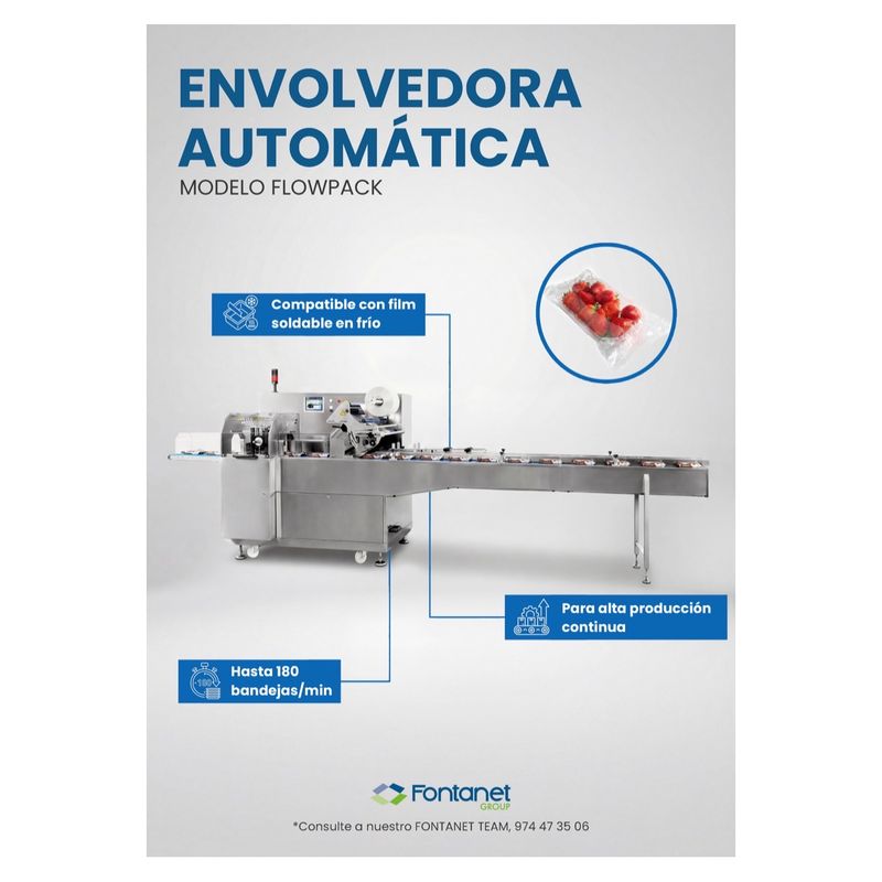 Embaladora flowpack automática em aço inoxidável com tapete de alimentação e cuvete de morangos embalada em filme