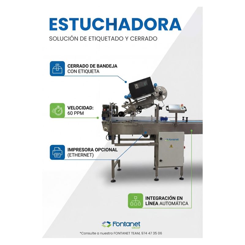 Catalogue sheet of the Fontanet tray closing machine with stainless steel conveyor, labelling head and touch screen