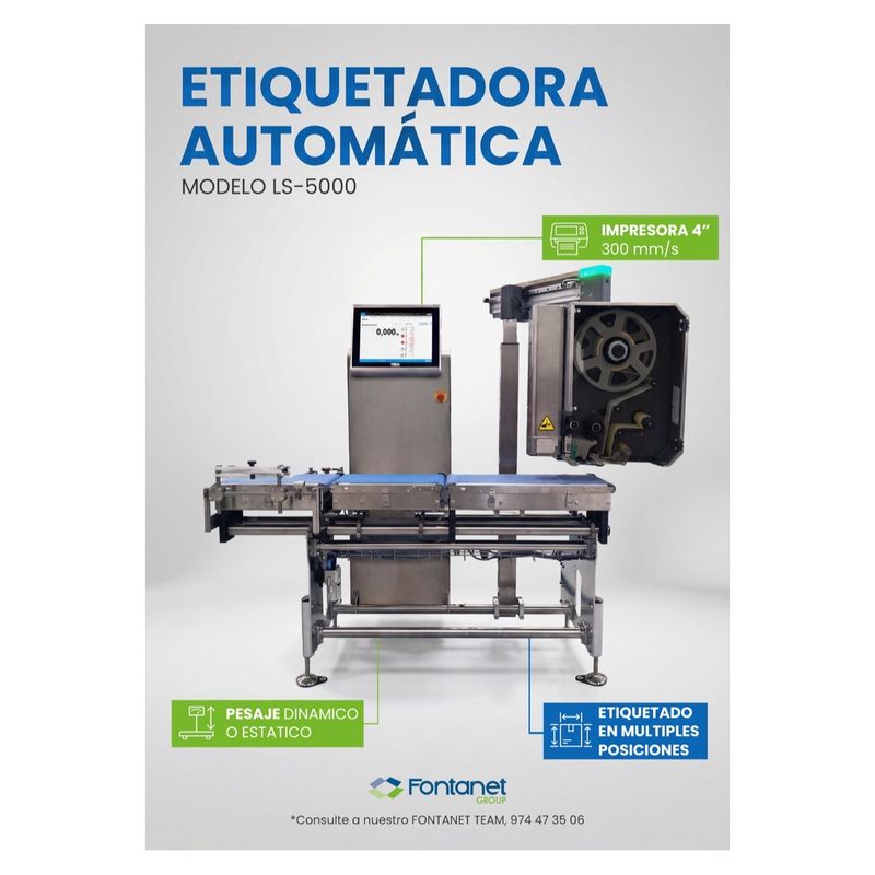 Catalogue sheet for the LS-500 automatic labelling machine with belts, touchscreen and label applicator