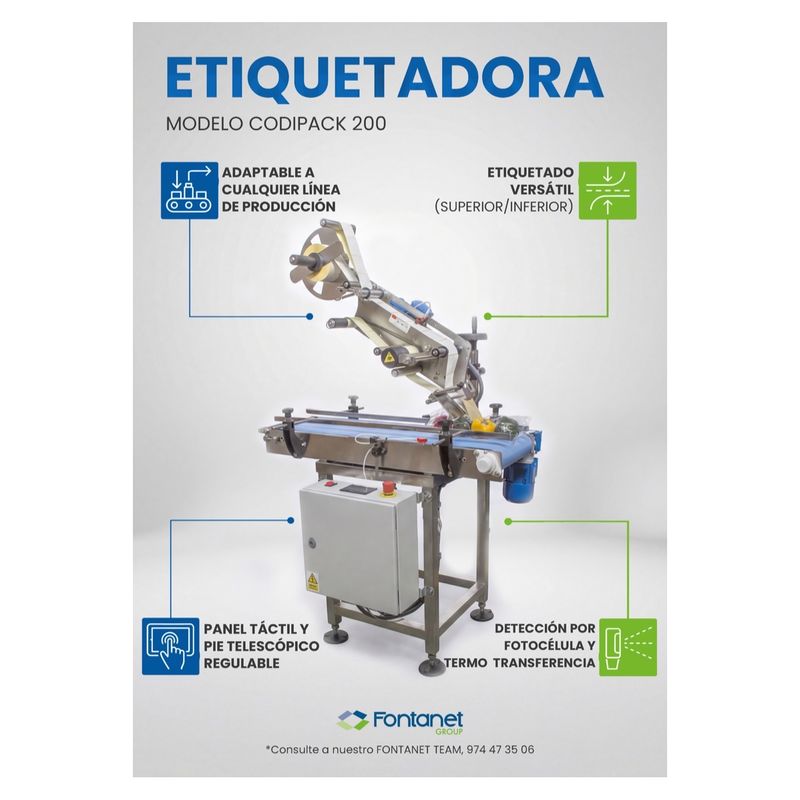 Hoja de catálogo de la etiquetadora Codipack 200 con cinta azul, cabezal etiquetador y producto envasado