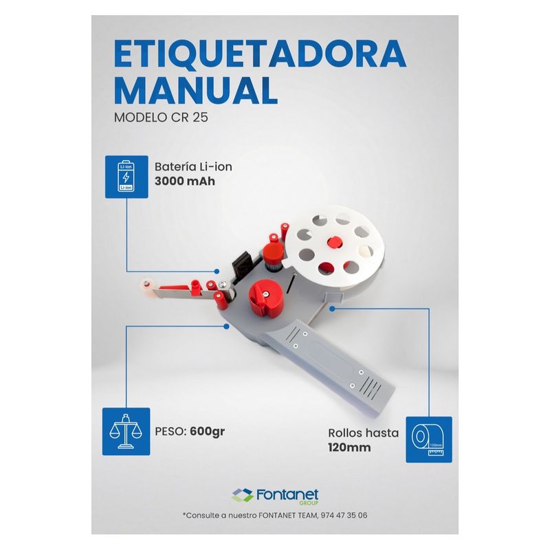 Ficha de catálogo da etiquetadora manual CR25, aplicador cinzento e vermelho com disco porta-rolo