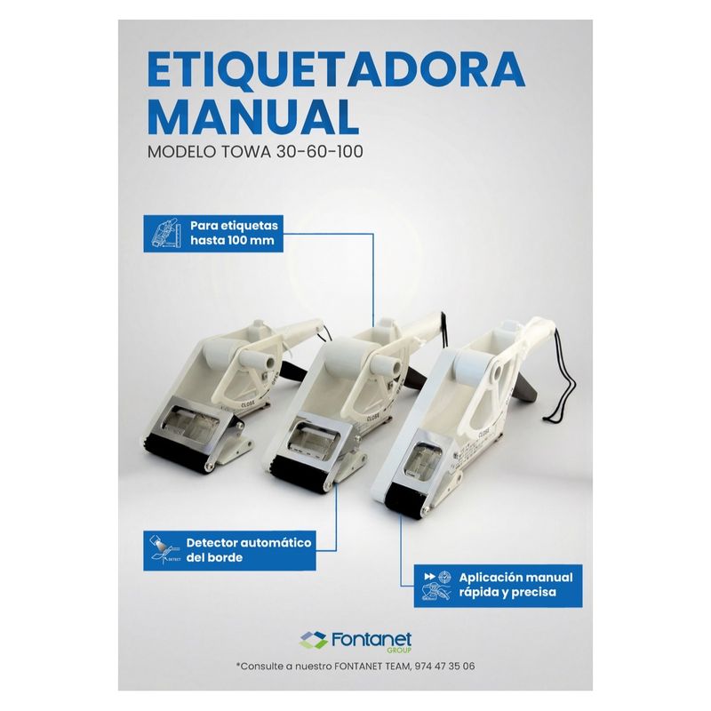Scheda di catalogo di tre etichettatrici manuali TOWA bianche di dimensioni diverse