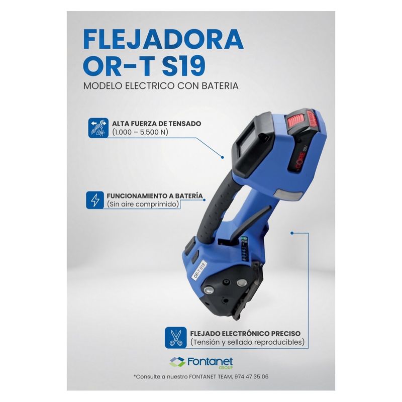 Catalogue sheet for the blue OR-T S19 battery strapping tool with an 18 V battery