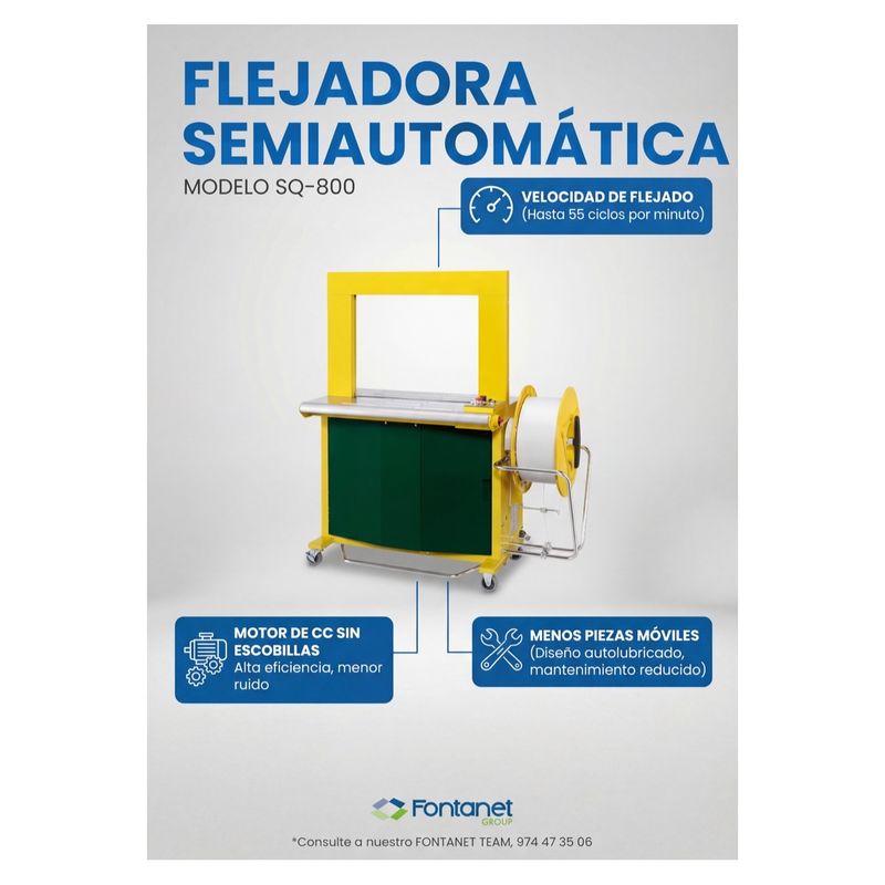 Scheda di catalogo della reggiatrice semiautomatica SQ-800 con arco giallo e bobina di reggetta