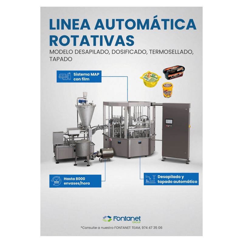 Línea automática rotativa de acero inoxidable con tolva dosificadora, carrusel de envasado y armario de mando, junto a tarrinas y vasos sellados