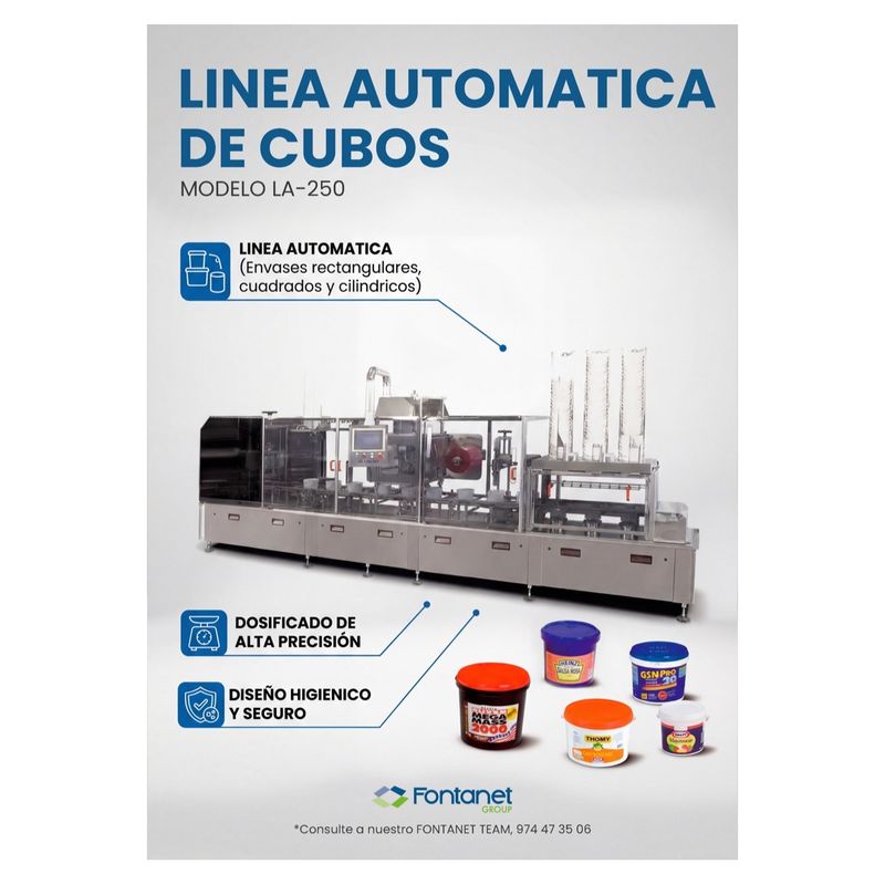 Línea automática de cubos LA-250 de acero inoxidable con columnas de envases vacíos a la entrada y pantalla de mando, junto a cubos de salsas y mayonesa