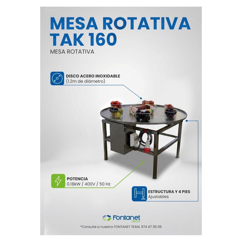 TAK 160 rotary table with a stainless steel disc, four-legged frame and control box, with fruit punnets on the disc