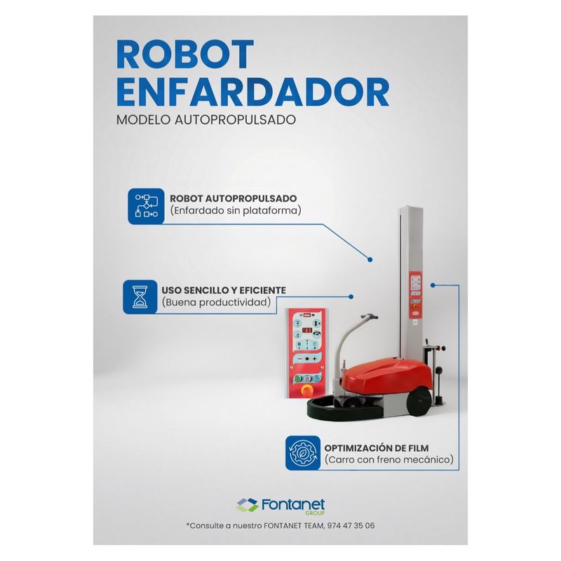 Red self-propelled pallet wrapping robot with grey column and control panel