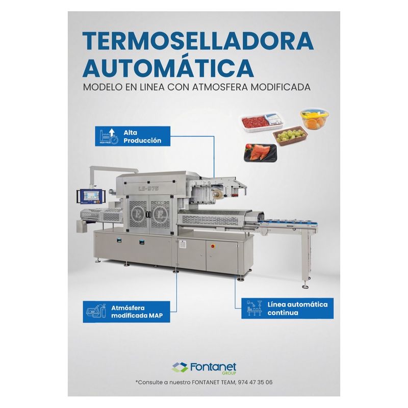 Ficha de catálogo de termosseladora automática em linha com atmosfera modificada, com painel tátil, bobina de filme e tapete de saída, junto a bandejas de carne, salmão e azeitonas