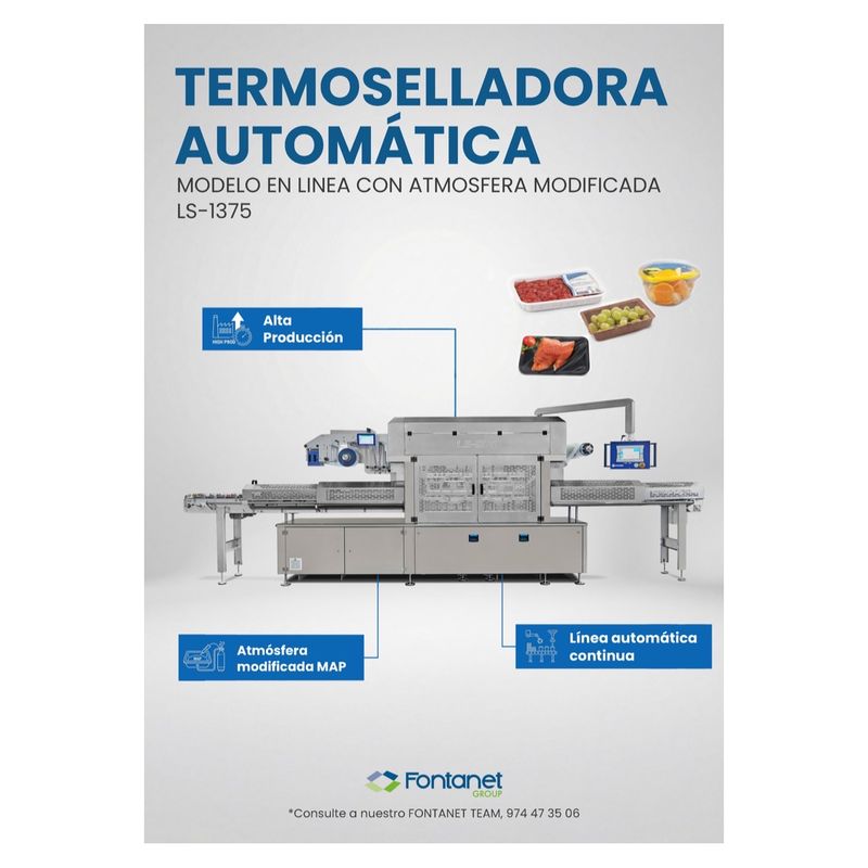Termosseladora automática LS-1375 em linha, de aço inoxidável, com tapetes de entrada e saída e painel tátil em braço