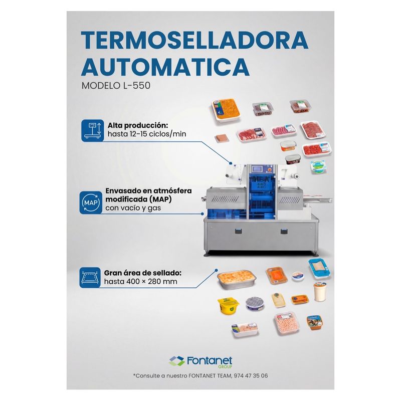 Termosseladora automática L-550 em aço inoxidável com bobinas de filme dos dois lados, rodeada de bandejas de carne, pratos preparados, salmão e cuvetes