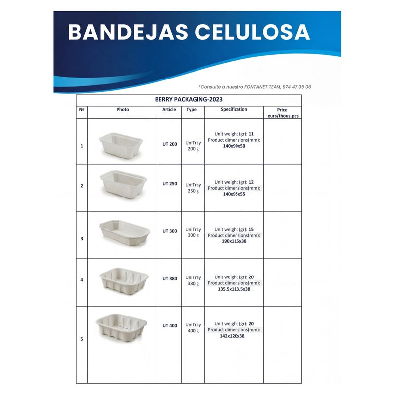 Hoja de catálogo de bandejas de celulosa UniTray blancas con su referencia, peso y medidas
