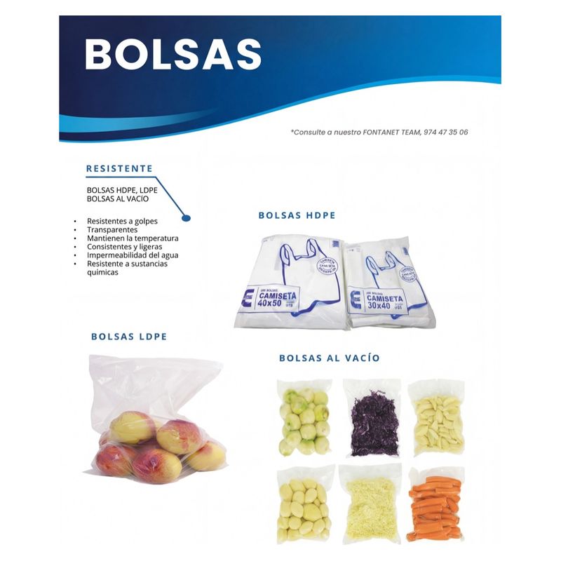 Ficha de catálogo de sacos com embalagens de sacos camisola PEAD, saco PEBD com fruta e sacos de vácuo com alimentos