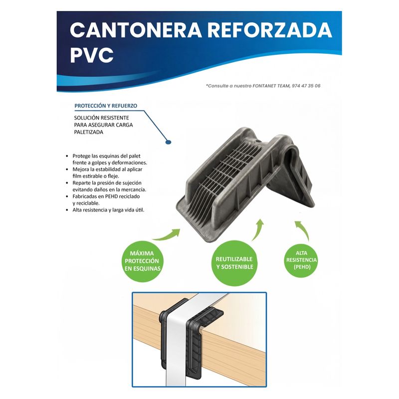 Ficha de catálogo da cantoneira reforçada de plástico cinzento com nervuras e desenho de utilização sob uma fita de cintar