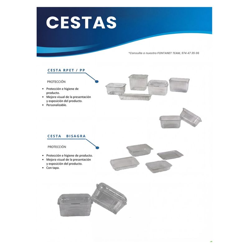 Ficha de catálogo de cestos com cestos transparentes de rPET e PP abertos e cestos de charneira com tampa
