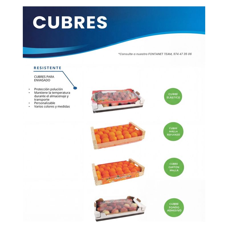 Hoja de catálogo de cubres con cuatro tipos sobre cajas de fruta: elástico, malla refuerzo, cartón malla y fondo adhesivo