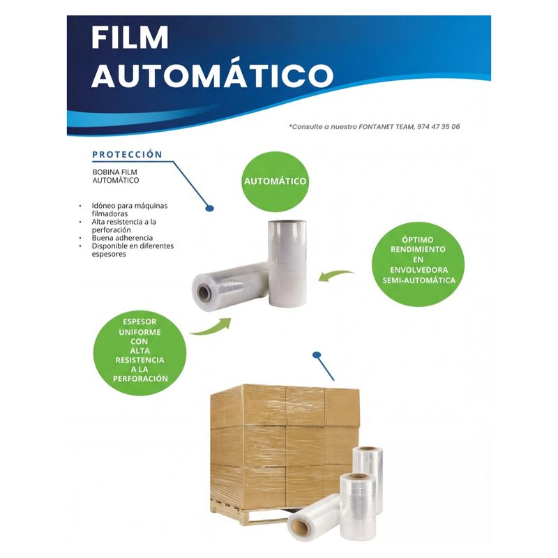 Scheda di catalogo del film automatico con bobine trasparenti e un pallet di scatole avvolto