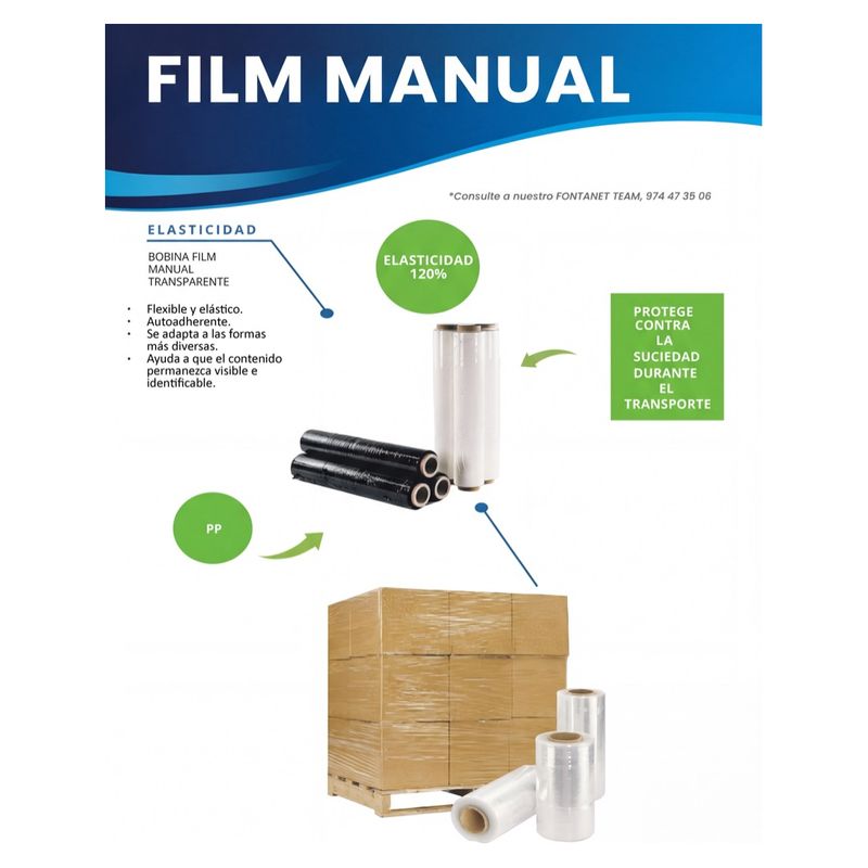 Hoja de catálogo del film manual con bobinas transparentes y negras y un palé de cajas enfardado