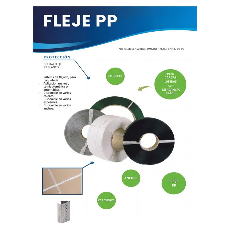 Hoja de catálogo del fleje PP con bobinas de fleje blanco, gris, verde y negro